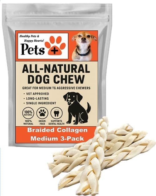 Pets Plus Premium Dog Treats – 3-Pack Braided Cheek Collagen Sticks for Dogs – Long-Lasting, Natural, High Protein Chew – Rawhide Alternative for Medium & Large Dogs