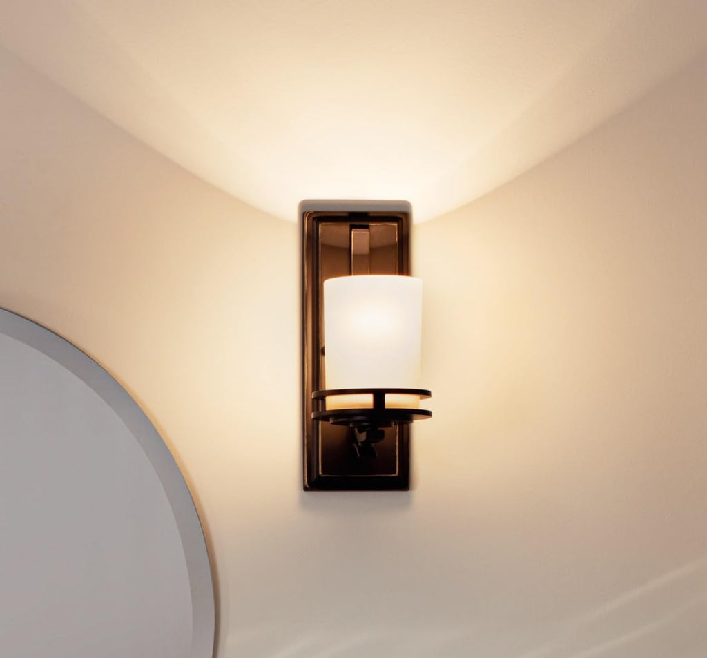 Kichler Hendrik 12” Wall Light Fixture in Olde Bronze with Umber Etched Glass, 1-Light Wall Lamp for Bedroom or Living Room, 5076OZ