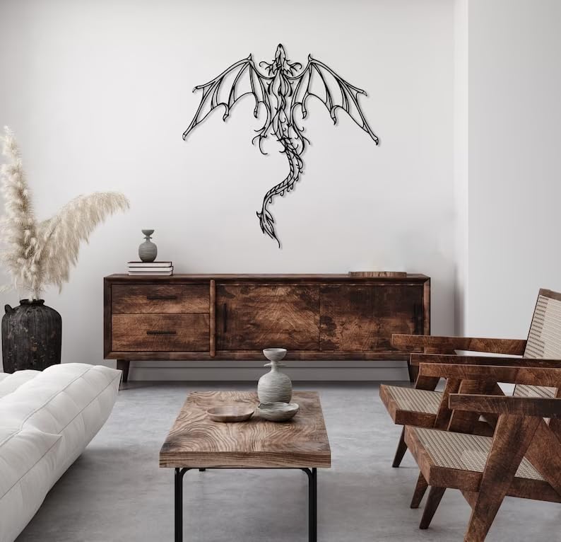 Dragon Metal Wall Art | Legendary Fantastic Dragon Wall Decor | Mythologic Wall Hanging | Man Cave Decorative | Mythic Wyvern Sculpture for Living Room Bedroom Game Room (Black - 29.1'' x 27.9'' / 74