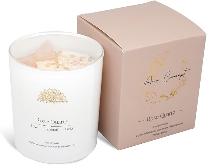 ‎ava concept - Crystal Candle Rose - Quartz French Vanilla Scented - Soy Candles - Home Decor Aromatherapy - Glass Jar Birthday, Wedding Gift Set for Women 10 oz