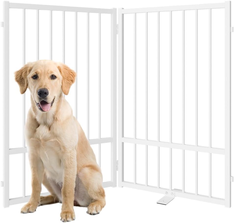 Full Metal Freestanding Dog Gate with Door, 32''Height Foldable Pet Dog Fence for Indoor & Outdoor, 2 Panels Extra Wide Free Standing TallDog Gates for Doorways,House,Stairs,Porch,Deck,Yard
