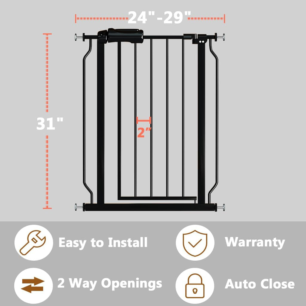 Narrow Baby Gate for Doorways Stairs, 24-29" Wide Pressure Mounted Walk Through Metal Auto Close Safety Child Gatesfor Kids or Pets, Black