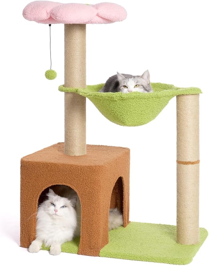 Flower Cat Tree 34 Inches Scratching Post Small Cat Tower for Large Cats, with 15.7”Large Hammock, Removable Top Bed and Wide Condo for Indoor Cats-Forest Brown