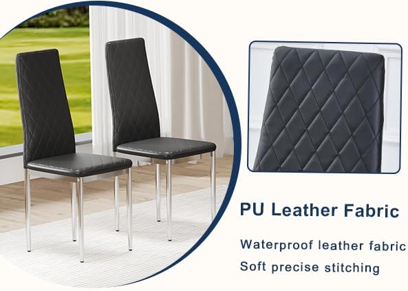 JT Modern Minimalist Dining Chair Fireproof Leather Sprayed Metal Pipe Diamond Grid Pattern Restaurant Home Conference Chair Set of 4 Or 6 (8, Black)