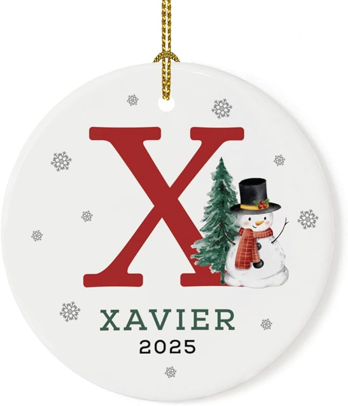 Andaz Press Personalized Ornament, Custom Name, Initial X Monogram Snowman 2.8" Ceramic Porcelain 2025 Christmas Ornament Keepsake for Kids, Boys, Girls, Includes Gold Ribbon & Gift Box, 1-Pack