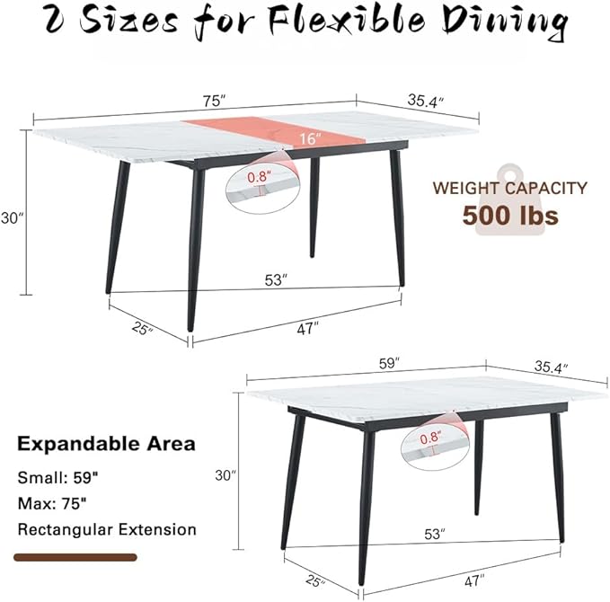 59"-75" White Extendable Dining Table for 6–8, Modern Rectangular Kitchen Dining Table with Black Metal Legs, Durable MDF Top, Space-Saving Expandable Dinner Table for Dining Room or Apartment