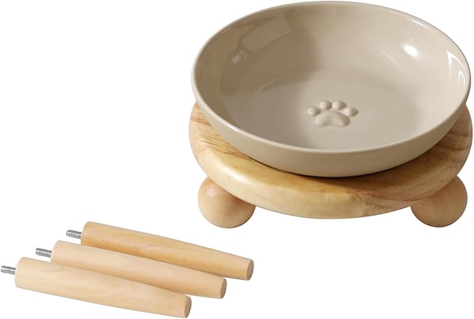 Raised Ceramic Wide Whisker Friendly Cat Dish, Anti-Slip Food&Water Bowl with 2 Style Stand Adjustable Pet Bowl Set (1Dish+Stand, Vintage Latte)