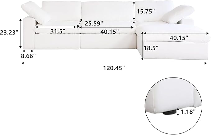 JACH 120" L Shape Cloud Modular Couches for Living Room, Modern Convertible Sectional Sofa Couch, Couch Cushion Covers Removable, Sectional Sofas for Party Bedroom Apartment (White)