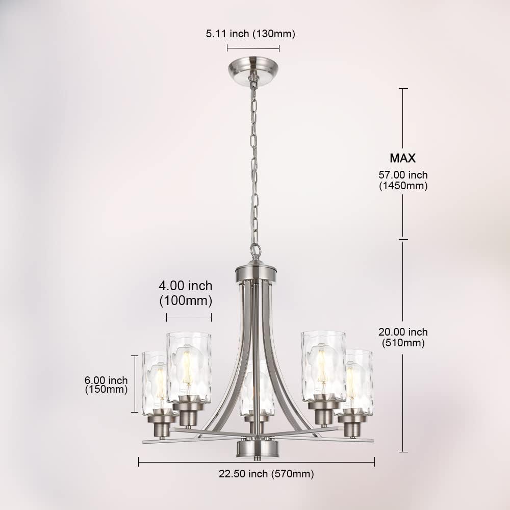 BONLICHT 5 Light Modern Chandeliers Brushed Nickel Kitchen Island Dining Room Lighting Fixtures Ceiling Hanging Clear Hammered Glass Pendant Lamp Transitional Pendant Lights for Living Room Foyer