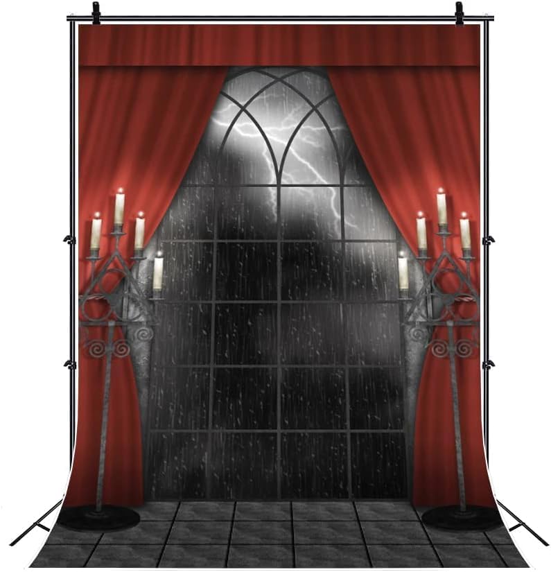 Renaiss 10x15ft Vintage Gothic Window Backdrop Red Curtain Candlestick Black Floor Lightning Stormy Sky Vampire Medieval Castle Photography Background Halloween Dress Up Party Decors Photo Booth Props