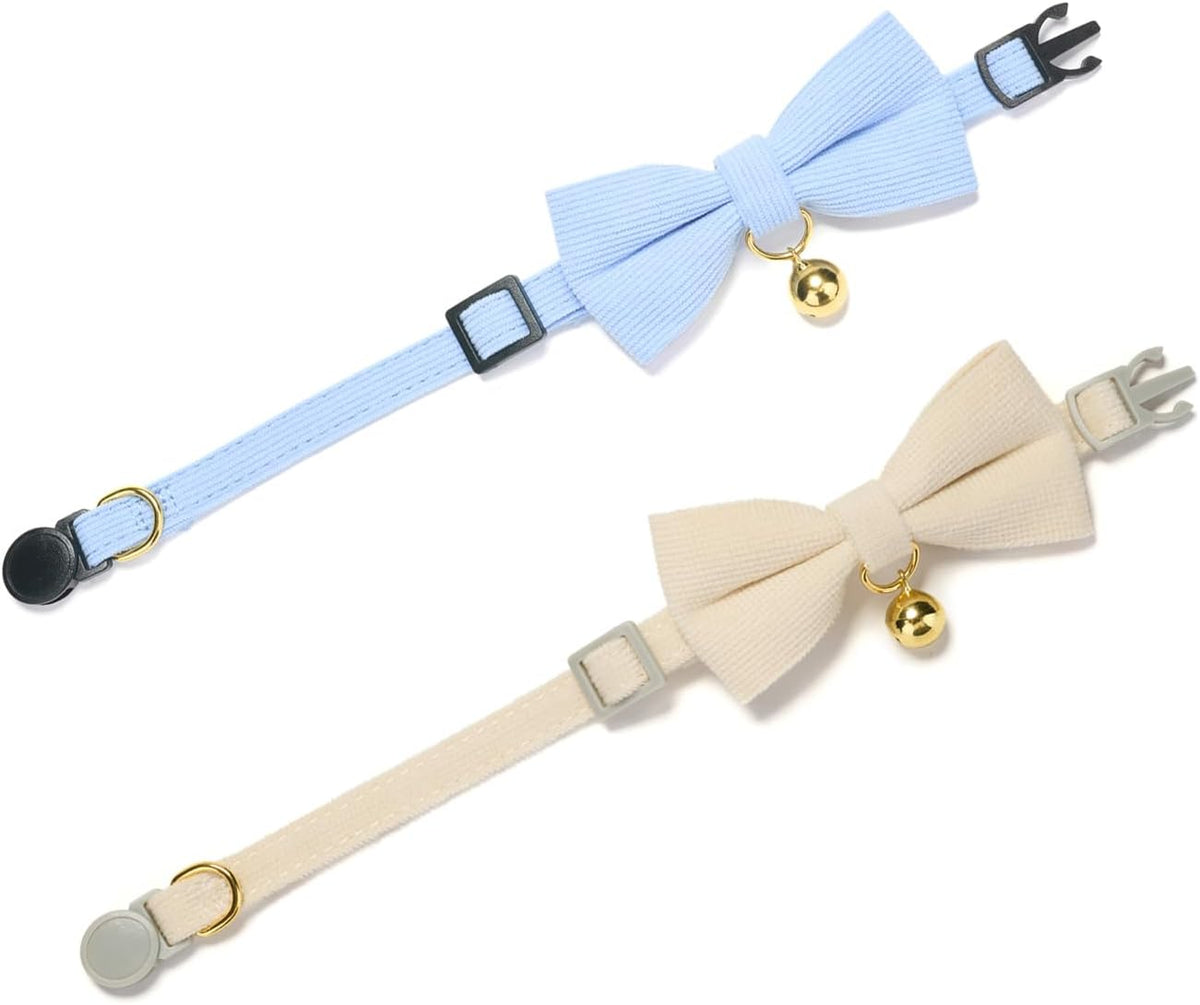 2 Pack Soft Corduroy Cat Collars with Bow Tie & Bell, Adjustable Breakaway Cotton Kitty Bowtie Collar for Female Male Cats(White & Blue)