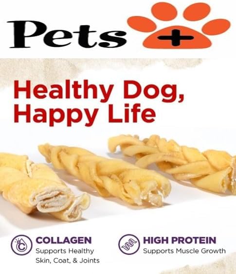 Pets Plus Premium Dog Treats – 3-Pack Braided Cheek Collagen Sticks for Dogs – Long-Lasting, Natural, High Protein Chew – Rawhide Alternative for Medium & Large Dogs