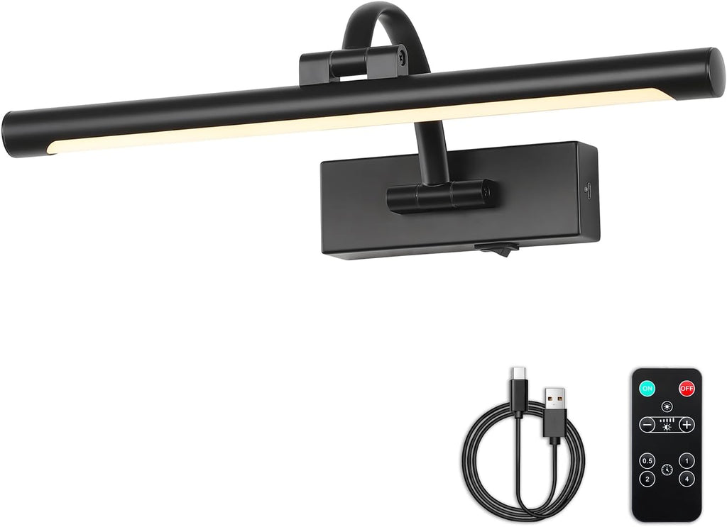 Picture Lights Battery Operated with Remote and Dimmable Function, Rechargeable Gallery Light Black Art Light Wireless Painting Lights 16'' Inch for Display, Portrait, Artwork, Warm White