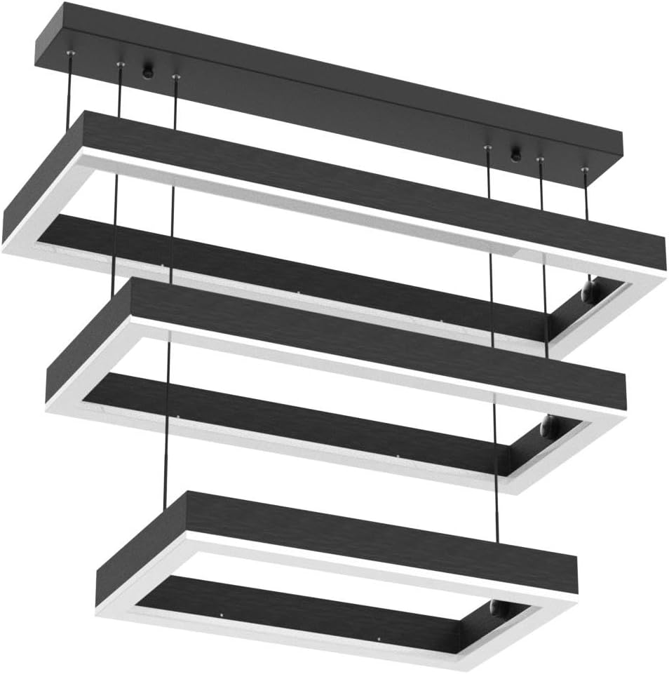 Modern 3 Rings Rectangle Chandelier for Living Room - Adjustable Height Luxury Foyer Lighting Fixture for High Ceiling, Hanging Dining Room LED Pendant Light