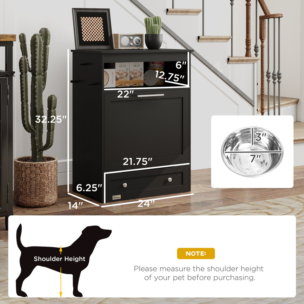 Pet Feeder Station Storage Cabinet, Dog Food Storage Container with Dog Raised Bowls, Watering Supplies, Black