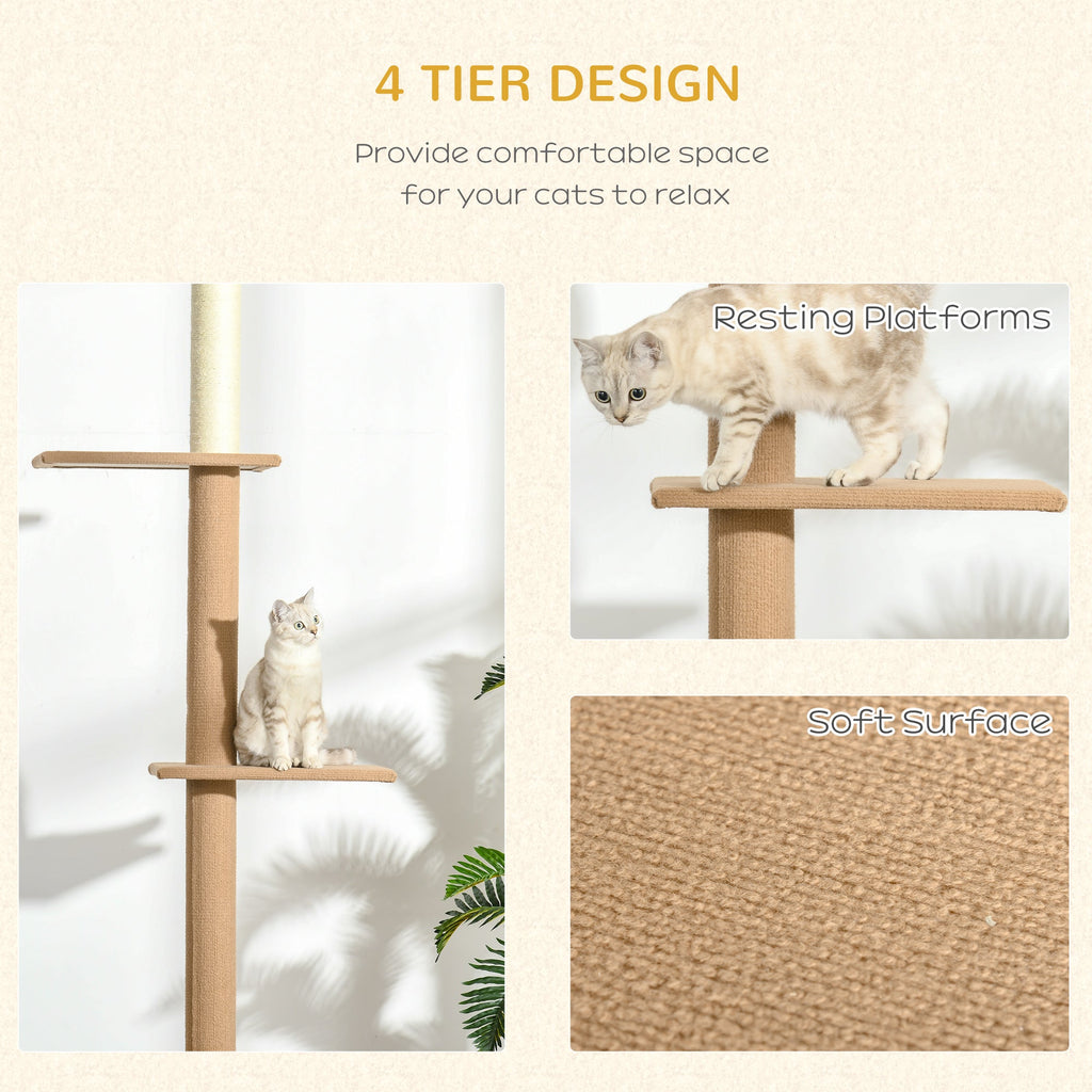 Floor-to-Ceiling Cat Tree Climbing Tower with Sisal-Covered Scratching Posts Natural Cat Tree Activity Center for Kittens Tower Furniture, Light brown