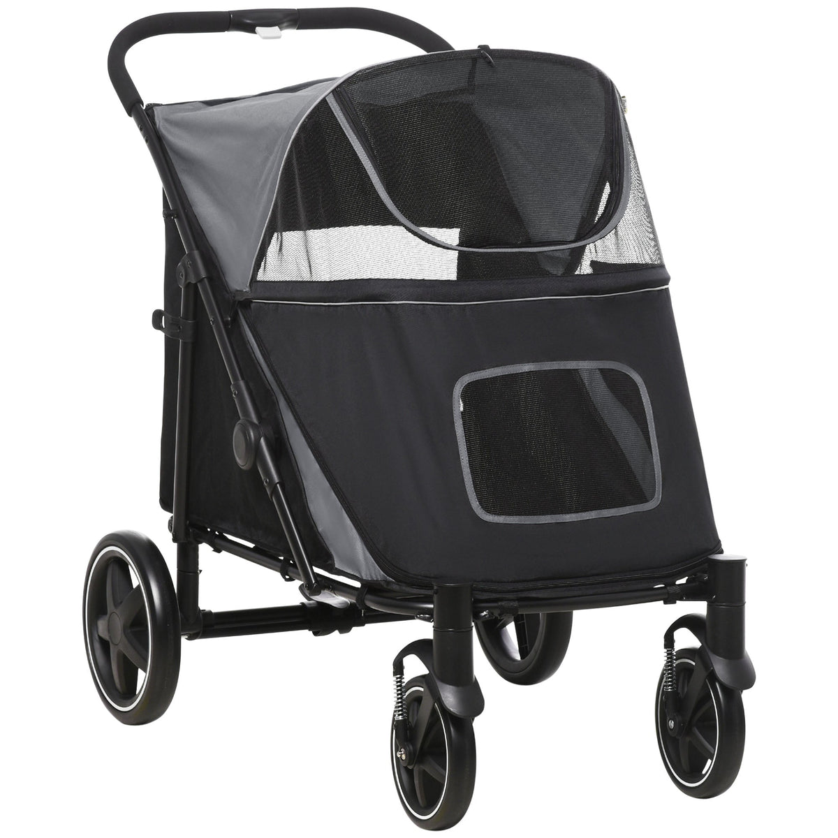 Dog Stroller for Large Medium Small Dogs up to 66 Lbs. 23.5" in Body Length, One-Click Foldable Pet Cat Stroller with Storage, Shock Absorption Wheels, Mesh Window, Safety Leash, Gray
