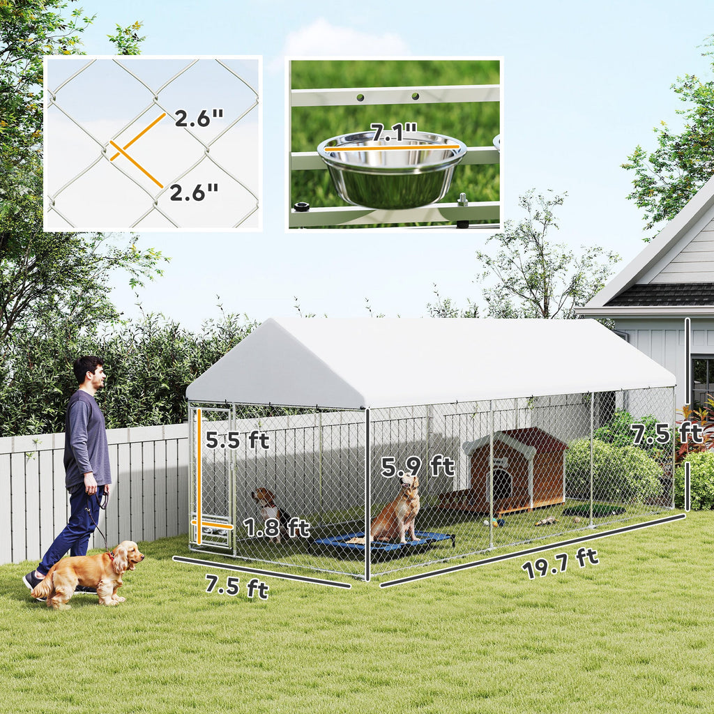 Outdoor Dog Kennel w/ Adjustable & Rotatable Bowl Rack, Waterproof UV-Resistant Cover, Secure Lock, 19.7 x 7.5 x 7.5