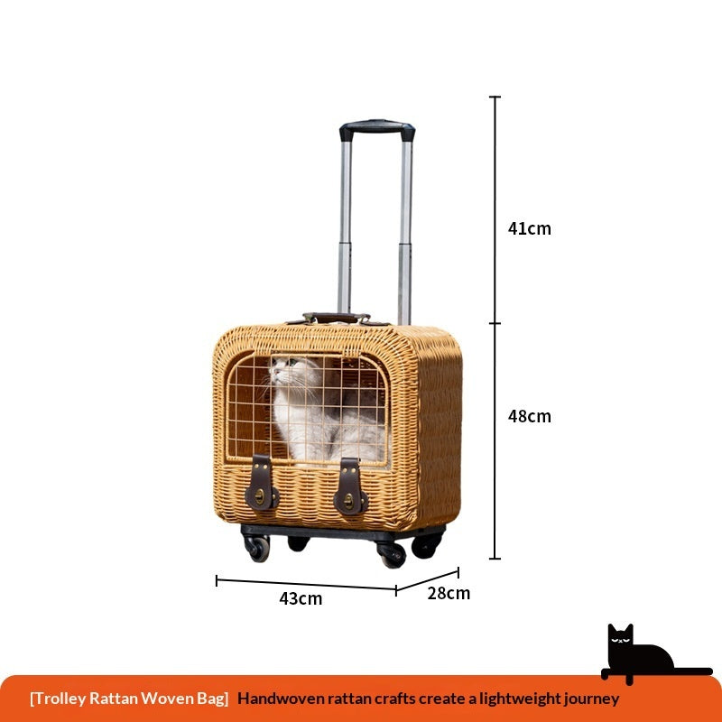 Portable Woven Rattan Cat Carrier With Ventilation And A Pull Handle For Outings