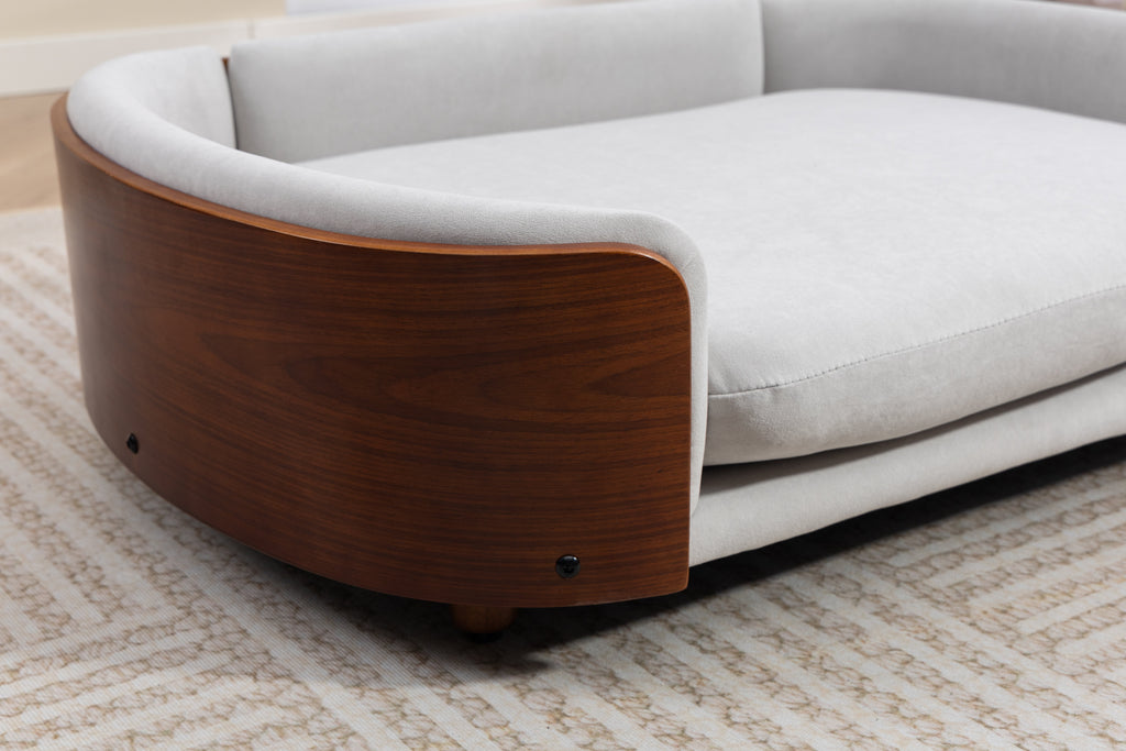 Scandinavian style Elevated Dog Bed Pet Sofa With Solid Wood legs and Walnut Bent Wood Back, Velvet Light Gray,Large Size
