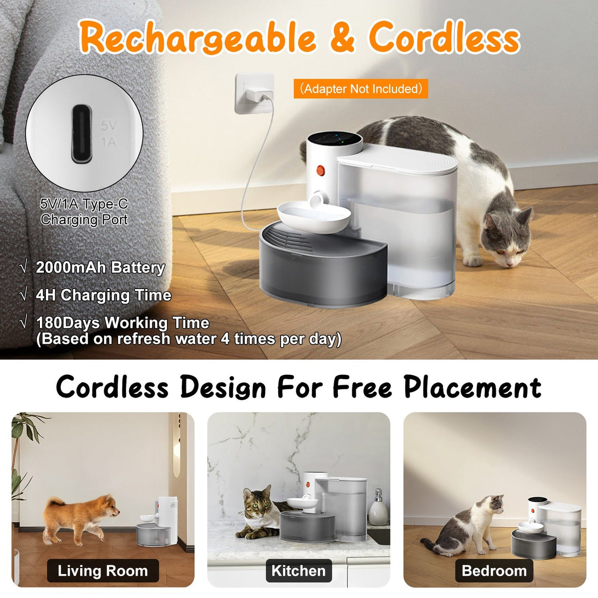 1Pc Smart Pet Water Fountain Automatic Cat Water Dispenser 3L Cordless Rechargeable Dog Water Fountain Self-Refill With 3 Adjustable Volume 3 Time Intervals Touch Control