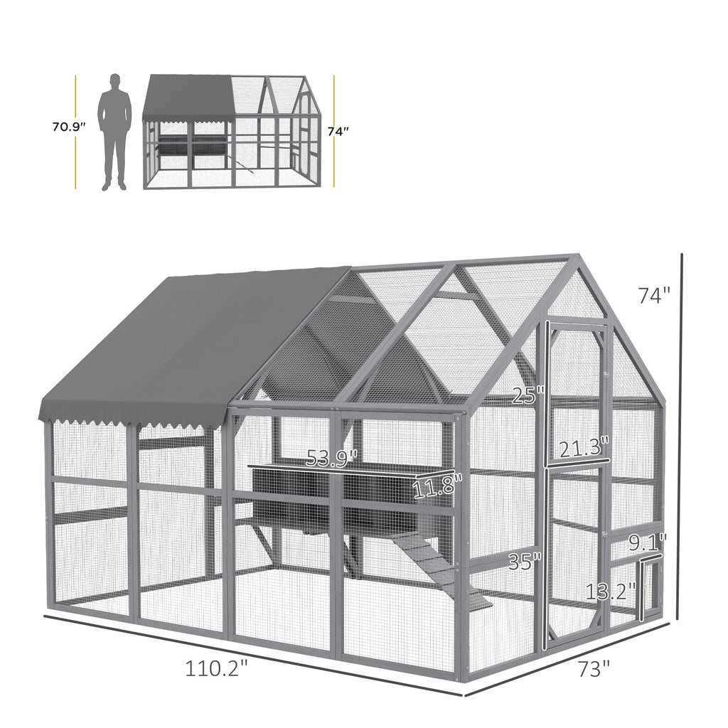 9 x 6 x 6 Large Chicken Coop with Nesting Box, Water-Resistant and Anti-UV Cover for 8-12 Chickens, Gray
