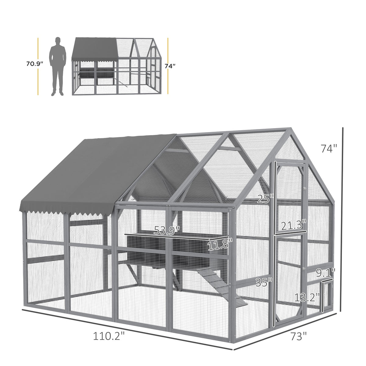 9 x 6 x 6 Large Chicken Coop with Nesting Box, Water-Resistant and Anti-UV Cover for 8-12 Chickens, Gray