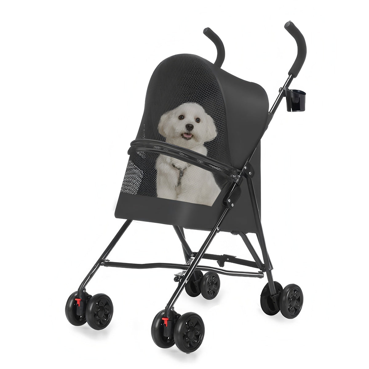 Pet Stroller for Small Dogs Cats with Mesh Ventilation, Lightweight Foldable Design, Cup Holder, Black