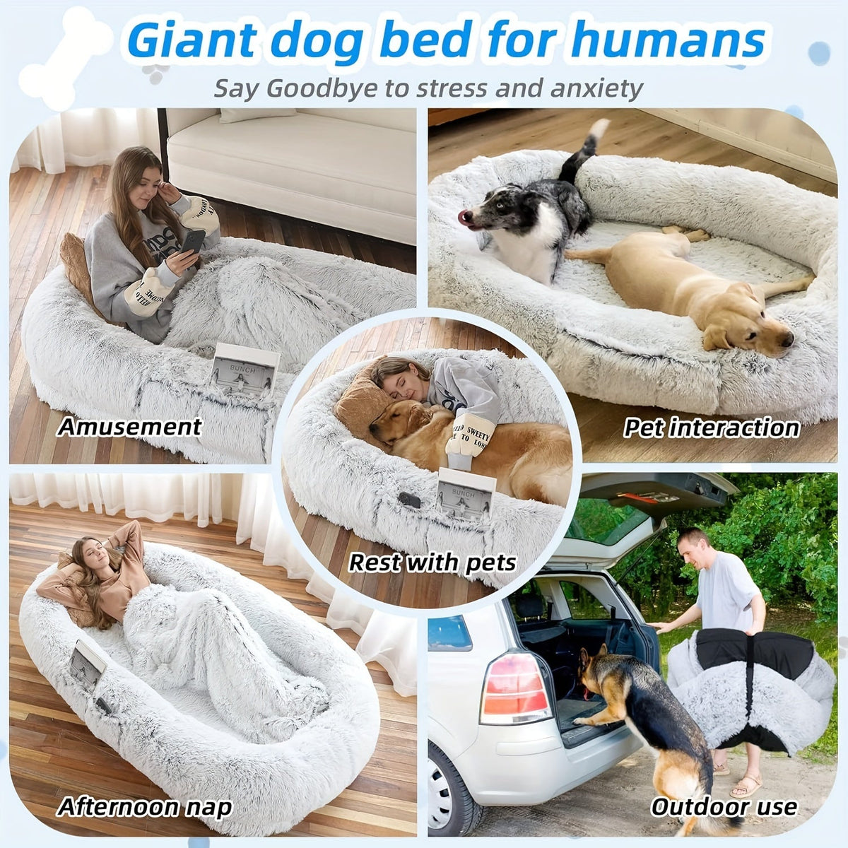 Oversized Human Dog Bed For Adults & Pets, 71 In X45 In X 12 In Ultra Soft Faux Fur Lounger, Washable Floor Bed With Orthopedic Support, Pillow & Blanket Included For Cozy Rest