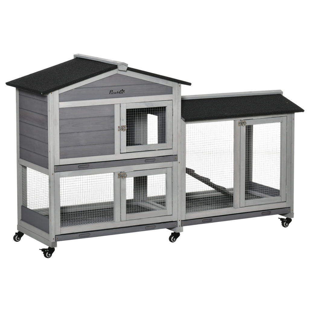 62" Wooden Mobile Rabbit Hutch with Wheels, Run Box, Slide-out Tray, Ramp