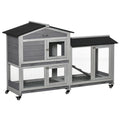 62" Wooden Mobile Rabbit Hutch with Wheels, Run Box, Slide-out Tray, Ramp