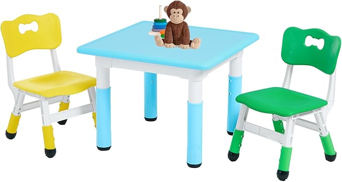 FUNLIO Kids Table and 2 Chairs Set, Height Adjustable Toddler Table and Chair Set for Ages 3-8, Easy to Wipe Arts & Crafts Table, for Classrooms/Daycares/Homes, CPC & CE Approved, Multi-Color