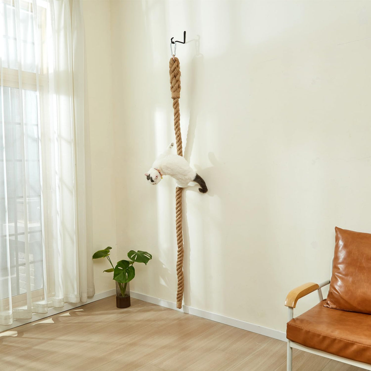 SHENGOCASE 1.9" x 6.56Ft Cat Climbing Jute Rope with Hook, Wall Mounted Furniture for Indoor and Outdoor Cat, Cimbing Pole (6.56 Feet)