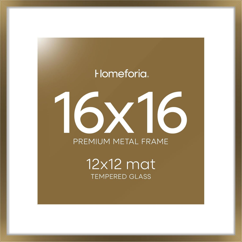 Homeforia 16x16 Picture Bronze Frame, High End Metal 16 x 16 Square Poster Frame with Mat 12 x 12 Photo, 16x16 Brass Frame Matted to 12x12 Print, 16by16 Thin Frames, Tempered Glass, Wall Kit, Set of 1