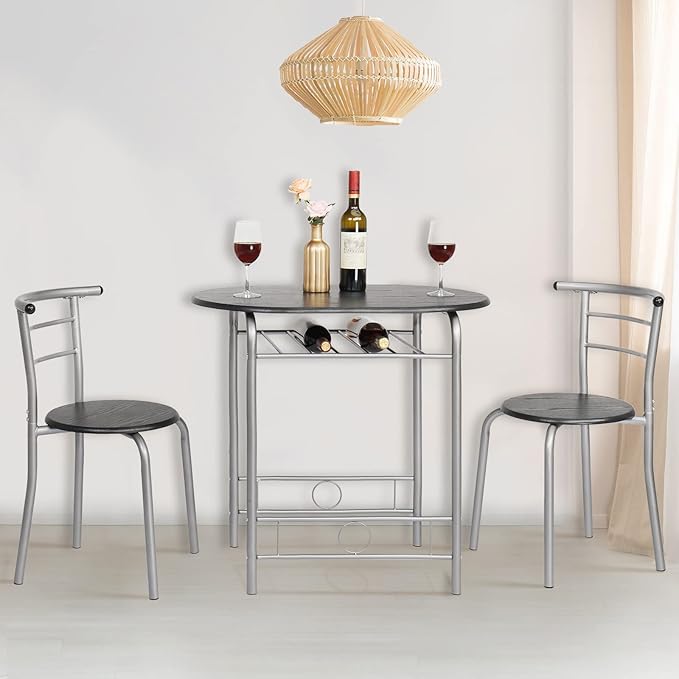 VINGLI 3 Piece Dining Set,Small Kitchen Table Set for 2,Breakfast Table Set,Kitchen Wooden Table and 2 Chairs for Small Space/Dining Room/Apartment,Metal Frame,Wine Rack,Sliver&Black