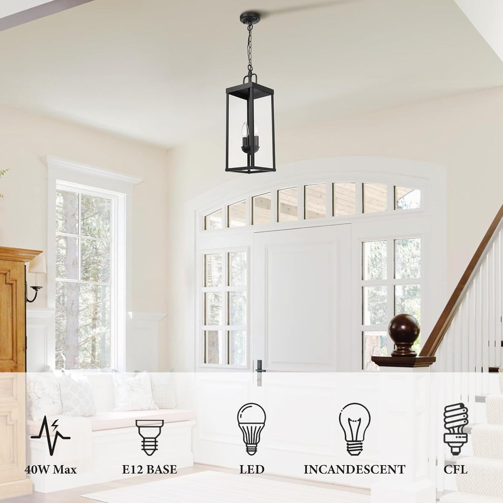 Large Outdoor Pendant Lantern Light Fixture for Front Porch, 20 Inch 2-Light Black Exterior Hanging Chandelier with Clear Glass, Outdoor Indoor Pendant Lamp for Patio, Gazebo, Entryway, Doorway