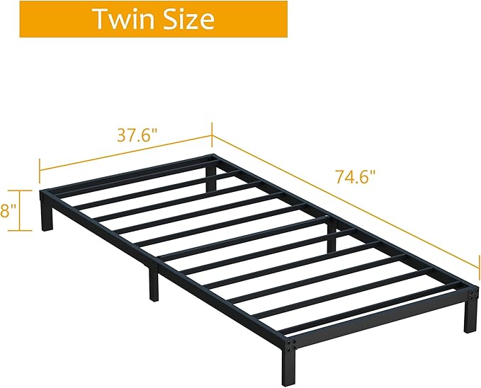 8 Inch Twin Bed Frame No Box Spring Needed, Heavy Duty Metal Platform Bed Frame Twin Size Support Up to 2500 lbs, Easy Assembly, Noise Free, Black