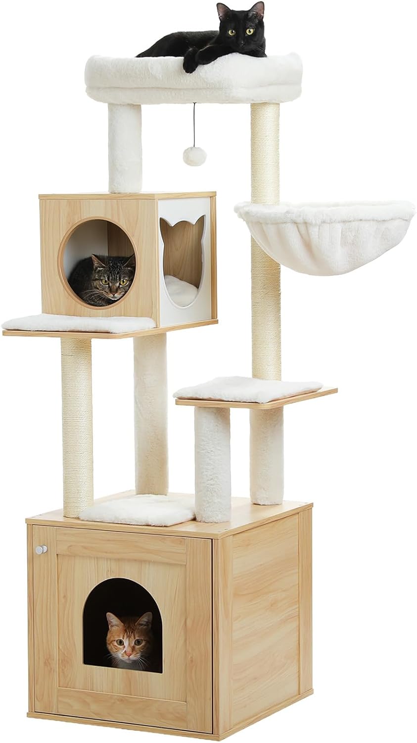 Tall Cat Tree with Litter Box Enclosure 57.5" Wooden Cat Tower for Large Cats with Cat Hammock House Bed (Pure Beige)