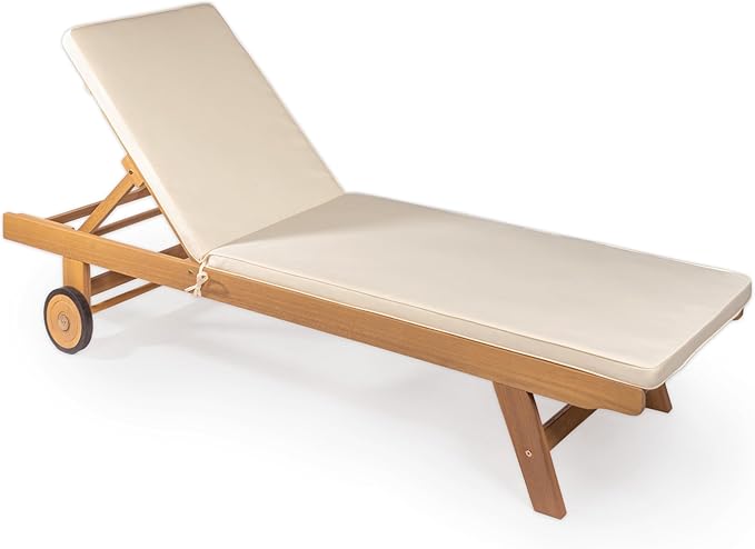 JONATHAN Y LNG1000A Mallorca 77.56"x23.62" Modern Classic Adjustable Acacia Wood Chaise Outdoor Lounge Chair with Cushion & Wheels Coastal, Bohemian, Minimalist, Traditional, White/Natural