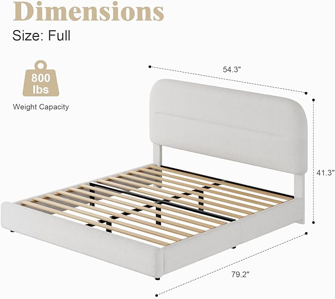 HOMBCK Full Size Bed Frame, Boucle Upholstered Bed Frame Full with Headboard and Thickened Footboard, Rounded Corners, No Box Spring Needed, Easy Assembly, White