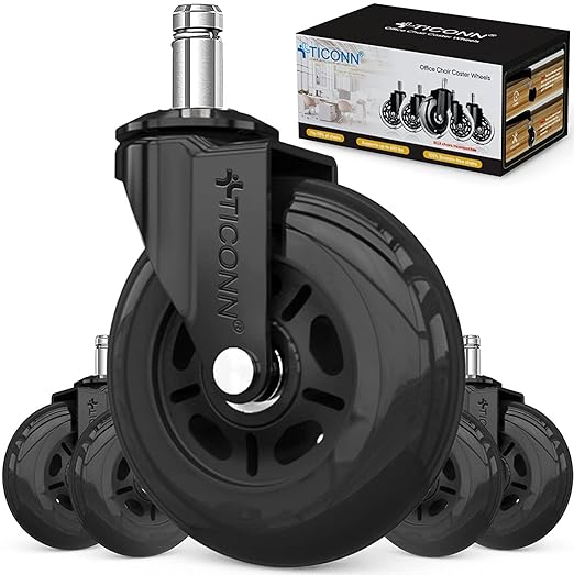 TICONN Office Chair Caster Wheels Set of 5 for Tile, Hardwood Floors and Carpets, Universal Fit for Most Chairs (Black)