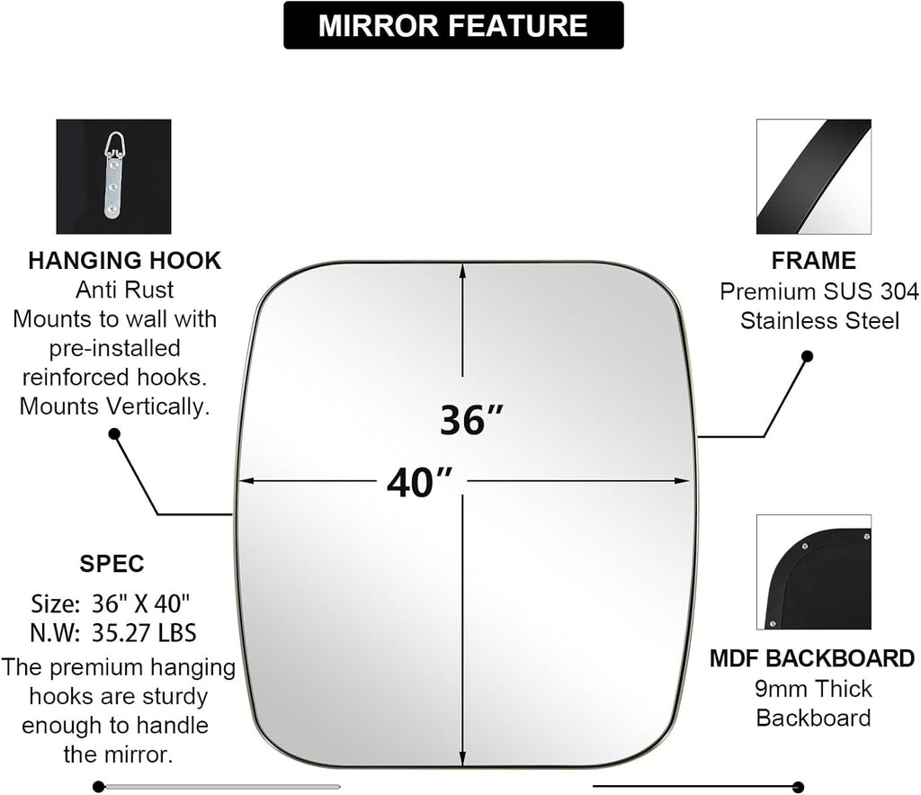 ANDY STAR Brushed Nickel Oblong Mirror, 36x40 Inch Brushed Nickel Oval Mirror for Bathroom with Stainless Steel Metal Frame, Wall Mouned for Bathroom, Living Room, Entryway