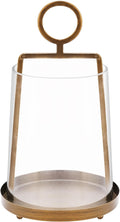 9" Wide Modern Farmhouse Metal Hurricane Candle Holder with Handmade Sturdy Glass Sleeve in Antique Brass for Pillar Candle & Plants, Hurricane Lantern, Industrial, Minimalistic (1, Brass, 9"x14")