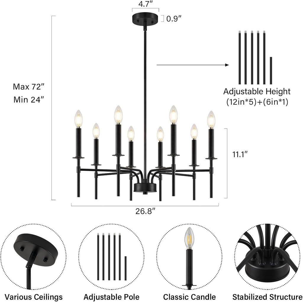 8 Light Black Chandelier Light Fixture, Modern Farmhouse Chandeliers for Dining Room Light Fixture, Metal Candle Pendant Chandelier for Foyer Entryway Stairs Living Room Bedroom Kitchen