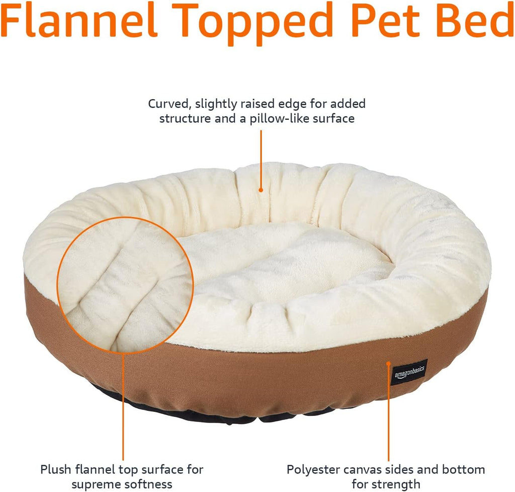 Amazon Basics Round Bolster Pet Bed for Dog or Cat with Flannel Top, 20.0" L x 20.0" W x 8.0" Th, Brown and Ivory