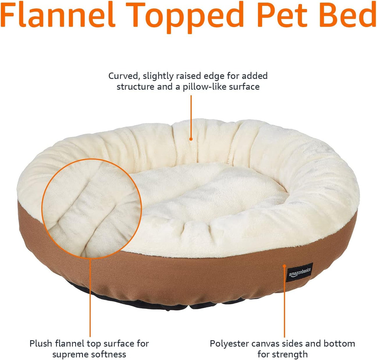 Amazon Basics Round Bolster Pet Bed for Dog or Cat with Flannel Top, 20.0" L x 20.0" W x 8.0" Th, Brown and Ivory