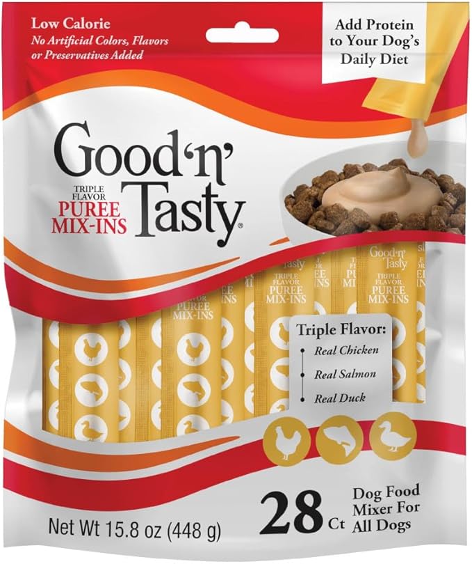 Good 'n' Tasty Triple Flavor Puree Mix-Ins Dog Food Topper Treats for All Dogs, 28 Count, Easy Single-Serve Portions, Added Protein with Chicken, Salmon and Duck