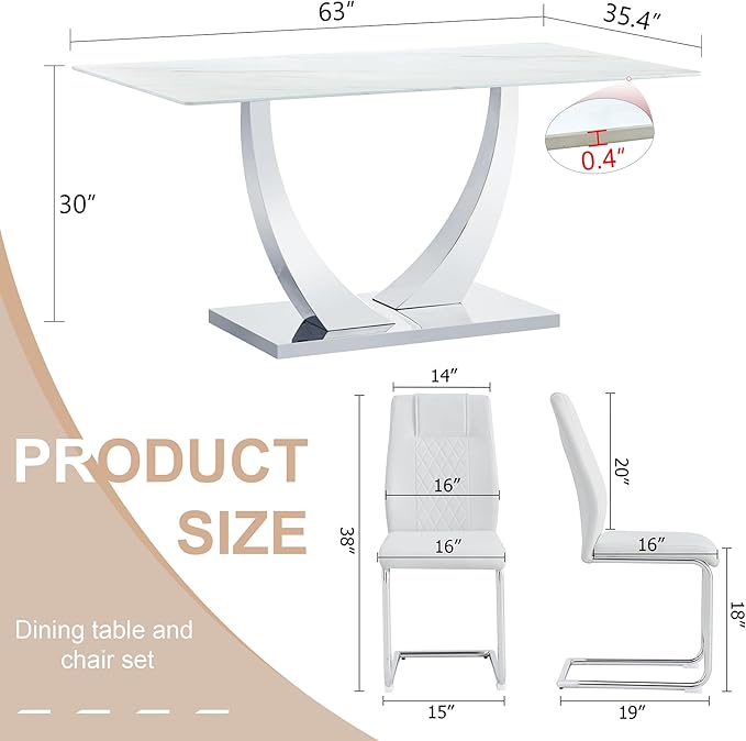 AZmac 63" Modern Dining Table Set for 6, White Dining Room Set for 6, Tempered Glass Kitchen Table and PU Leather Chairs, Marble Pattern Top with Sturdy Silver Chrome Base