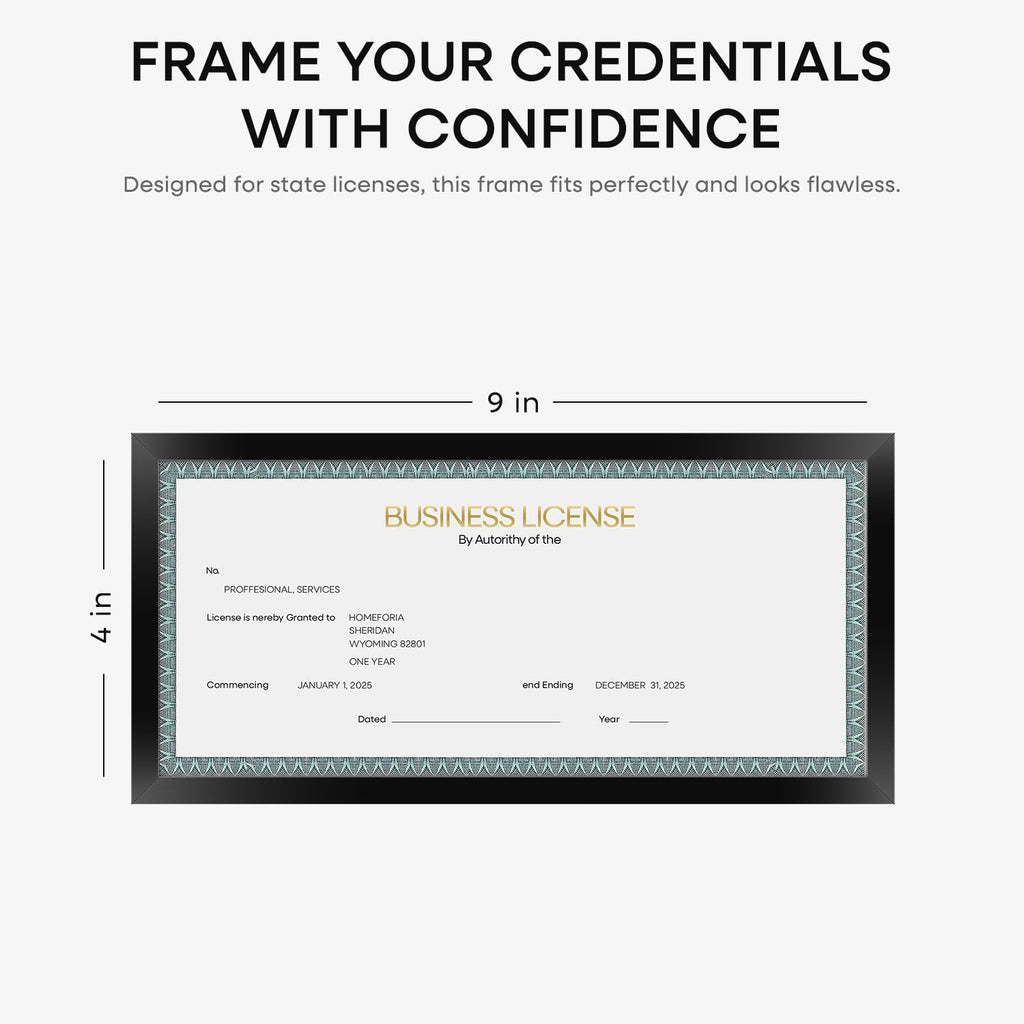 Homeforia 4x9 Business License Frame Black, High End Metal 4 x 9 Certificate Frames with Real Glass, 9x4 Document Frames for Wall or Tabletop, 4 by 9 Picture Frames, Tempered Glass, Wall Kit, Set of 1