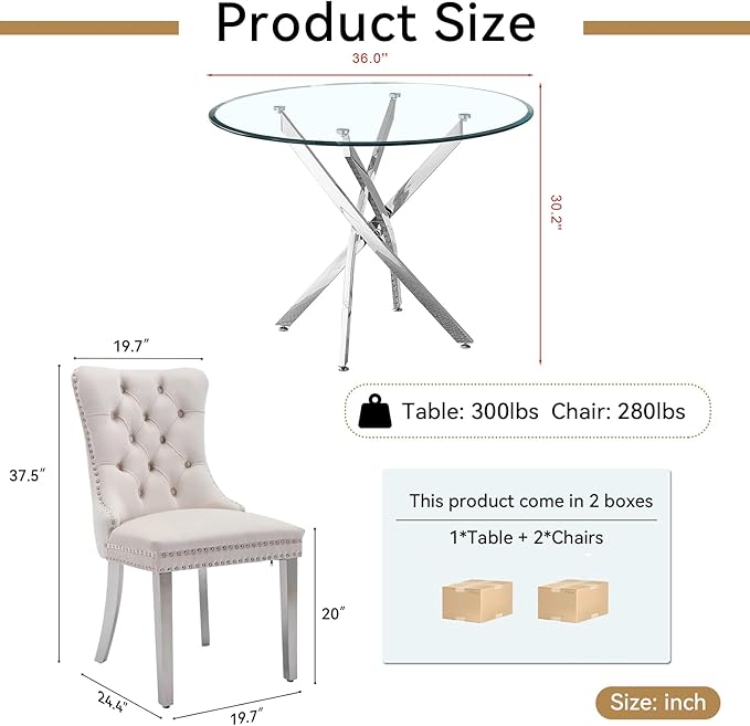 Goujxcy 3 Piece Round Glass Dining Table Set for 2, 36" Round Dining Table & Chair Set Modern Circle Glass Kitchen Table and 2 Velvet Upholstered Chairs for Kitchen Dining (Silver Table & Beige Chair)